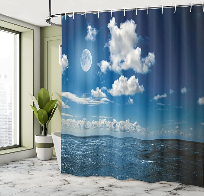 Ambesonne Ocean Shower Curtain, Full Moon Night Sky and Wavy Ocean Horizon with Clouds Romantic Scene Image, Cloth Fabric Bathroom Decor Set with Hooks, 69" W x 70" L, Aqua Blue