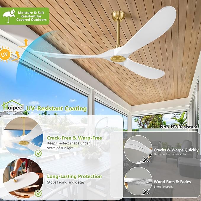 Haipeel 60" Wood Ceiling Fan no Light, 60 Inch Ceiling Fans without Lights with Remote Control, Indoor Outdoor Ceiling Fan no Light for Bedroom Porch Modern Propeller 3 Blade ETL DC Motor, White Gold