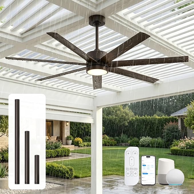 56 Inch Waterproof Outdoor Ceiling Fan with Light, All-Weather Wet Rated Outdoor Fans for Patios, 7 UV-Proof Blades, Smart Alexa/App/Remote Control, High CFM Quiet DC Motor for Exterior Gazebo Porch