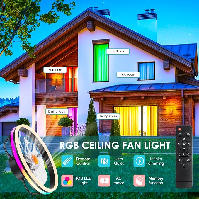 Ceiling Fan-Low Profile Ceiling Fan with Light - Modern Flush Mount Ceiling Fan ,16" RGB Dimmable LED Enclosed Ceiling Fans,Modern Bladeless LED-RGB Ambient Light for Bedroom Kids Room Party（Black）