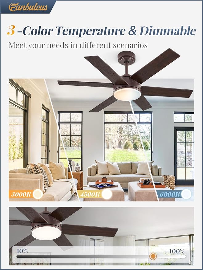 Fanbulous 42'' Ceiling Fan with Lights and Remote, Reversible 6 Blades & Dimmable 3-Color Modern Fan for Patios, DC Motor Large Ceiling Fan for Indoor or Outdoor, Brown