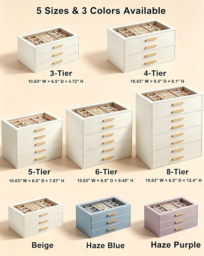 Lolalet Jewelry Box Organizer, 3-Layer Jewelry Organizers and Storage Case with Glass Lid, Ring Earring Bracelet Necklace Holder Organizer, Mothers Day Gifts for Mom, Women Girls -3Layer, Beige