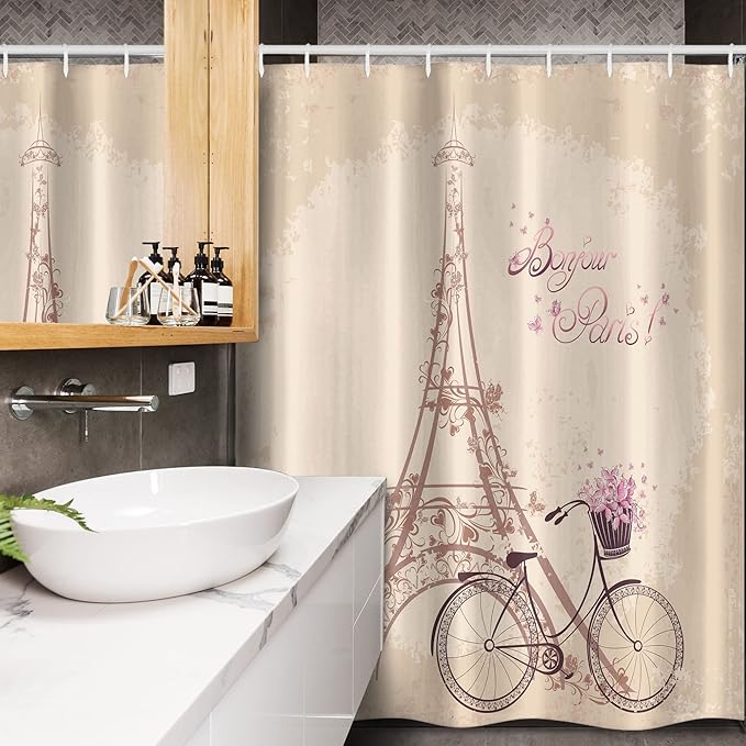 Ambesonne Paris Stall Shower Curtain, Bonjour France Eiffel Tower and Vintage Bicycle Flowers Retro Soft Color Print, Fabric Bathroom Decor Set with Hooks, 54" W x 78" L, Cream Pink