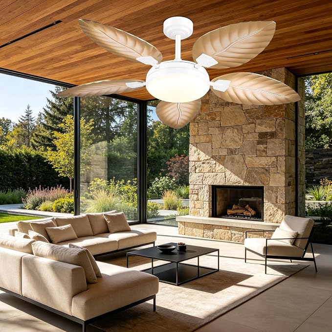 GJeg Tropical Ceiling Fans with Lights and Remote,52Inch Outdoor Palm Leaf Ceiling Fan for Patios Porch Bedroom, Dimmable LED Light, 6 Speeds, Reversible,Light Brown