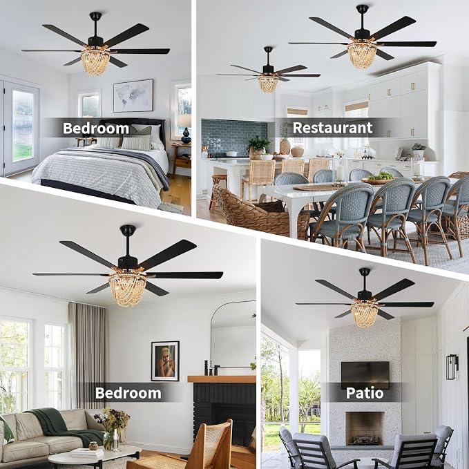 65 Inch Ceiling Fan with Lights and Remote, Wooden Bead Fandelier, 6 Speeds DC Motor Chandelier Fan, Vintage Farmhouse Ceiling Fan for Living, Dining Rooms, Bedroom, Patios, Shop, Ventilador de Techo