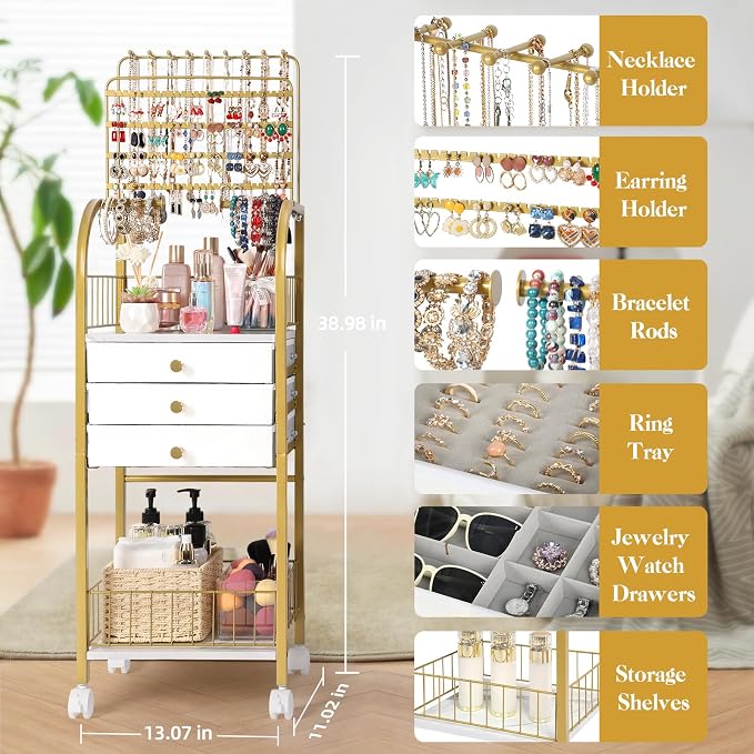 Keebofly Large Floor Jewelry Organizer Stand with 3 Drawers - Gold | Mobile Jewelry Tower Holder with Display, Large Capacity Rack for Necklaces & Rings, Perfect Storage Gift for Women