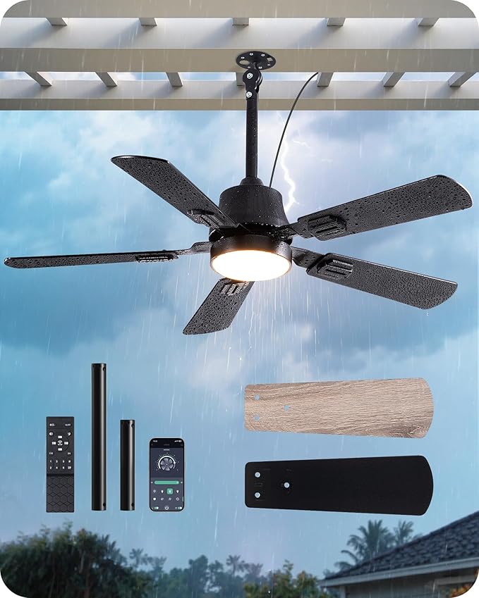 EDISHINE 42" Outdoor Ceiling Fan with Light, IP66 Waterproof Gazebo Hanging Fan, 4800 CFM, 3CCT, APP/Remote Control, 5 Wood Blade, 6-Speed Winds, Plug in Ceiling Fans for Patios Porch Pergola, Black