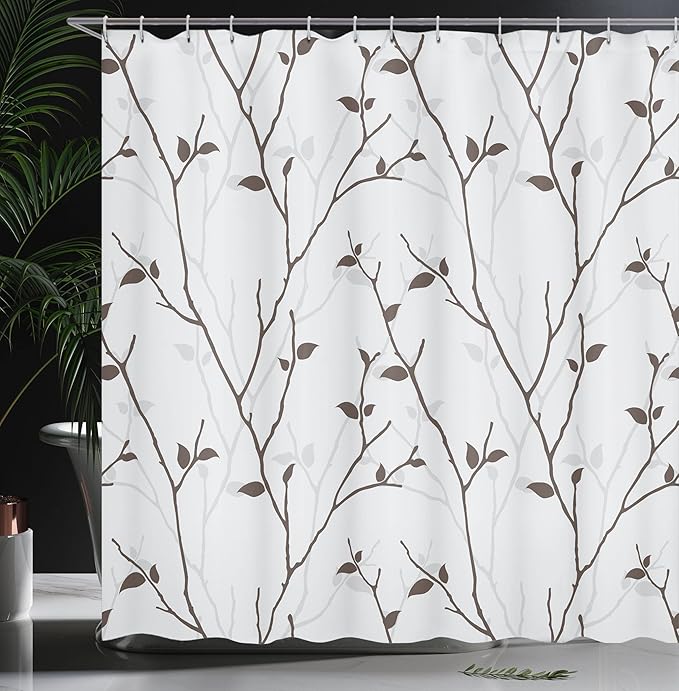 Ambesonne Leaf Shower Curtain, Branches in The Fall Trees Stem Twig with Last Few Leaves Minimalistic Design Art, Cloth Fabric Bathroom Decor Set with Hooks, 69" W x 70" L, Grey Brown