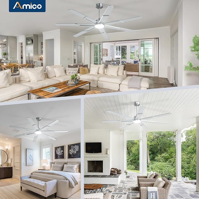 Amico Ceiling Fans with Lights,66 inch Nickel Ceiling fan with Light and Remote, 6 Speed Reversible DC Motor, 3CCT, Dimmable, Quiet, Timer, Outdoor Ceiling Fan with Light for Patios, Indoor/Outdoor