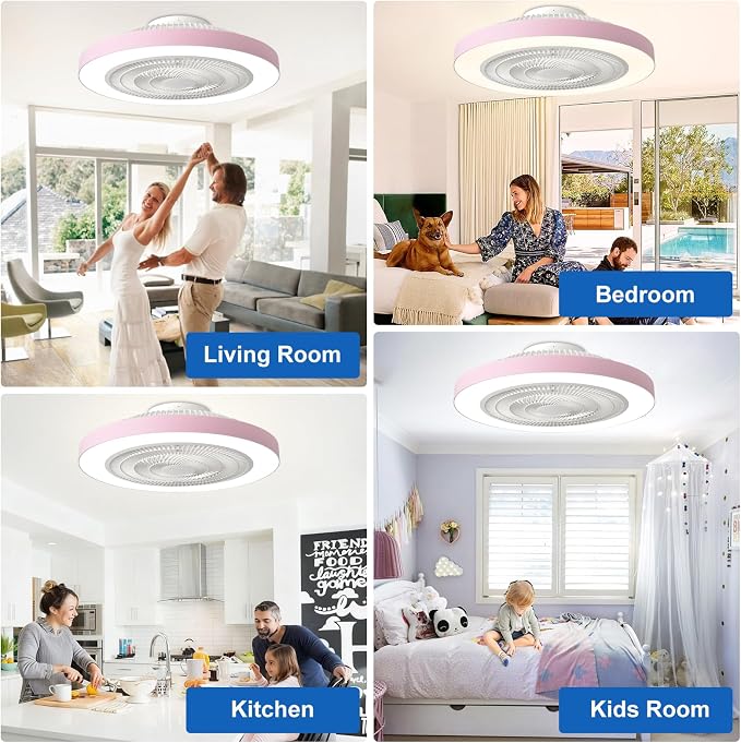 Depuley Bedroom Ceiling Fan with Light: 19" Modern LED Flush Mount Low Profile Ceiling Fans with Remote & Smart APP Control - Pink Enclosed Bladeless Fandelier Dimmable Quiet DC Motor for Kids Room