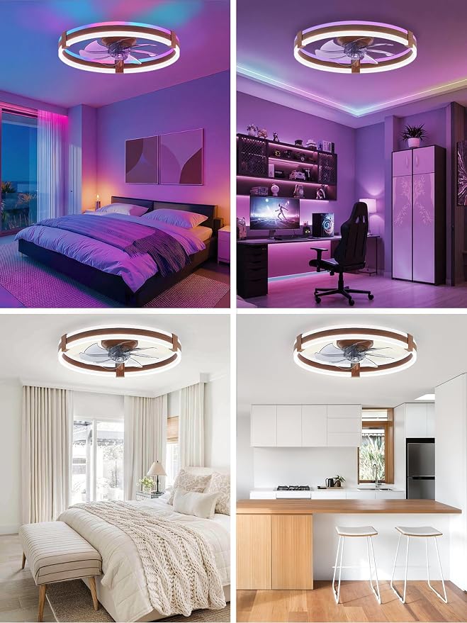 ZMISHIBO RGB Ceiling Fans with Lights and Remote, 20 inch Low Profile Ceiling Fan with Light, 3000K-6000K Dimmable & RGB, Modern Fandelier Flush Mount Ceiling Fan, Small LED Fan for Bedroom,Walnut