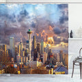 Ambesonne USA Shower Curtain, Seattle Skyline at Sunset WA United States Beams Through Dramatic Cloudscape Scenery, Cloth Fabric Bathroom Decor Set with Hooks, 69" W x 70" L, Blue Grey