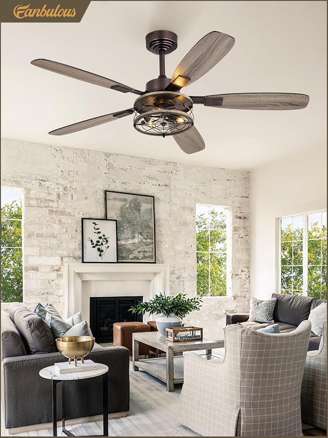 Fanbulous Farmhouse Ceiling Fan with Light and Remote, Industrial Caged Flush Mount Ceiling Fans with 6 Speed Reversible Motor and Dual Finish 5 Blades, for Living room, Bedroom (Oil Bronze, 52Inch)