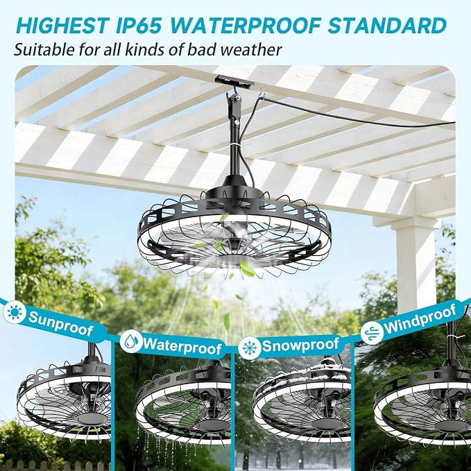 20" IP65 Waterproof Outdoor Ceiling Fan with Light, Plug-in Caged Design, 3CCT Dimmable & 6-Speed Adjustment for Patio Porch Pergola