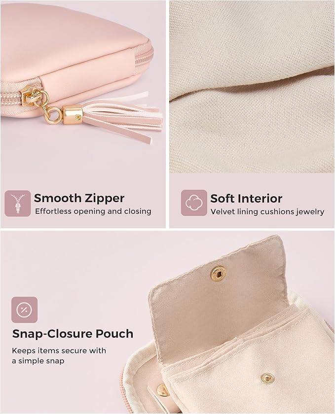 Lolalet Travel Jewelry Case Organizer, Soft Jewellery Pouch -Apricotpink | Storage Bag for Traveling Women, with Multi Compartments for Packing Necklaces, Earrings, Bracelets