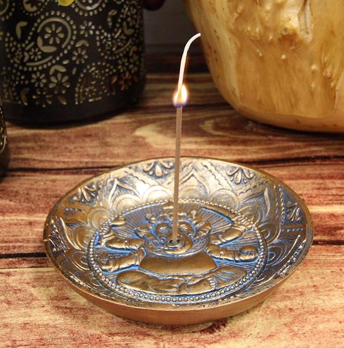 Ebros Gift Hindu Elephant Head Supreme God Lord Ganesha Ganapati Incense Stick Holder Burner Round Dish Medallion Figurine 5" Diameter Zen Vastu Home Fragrance Tabletop Altar Decor