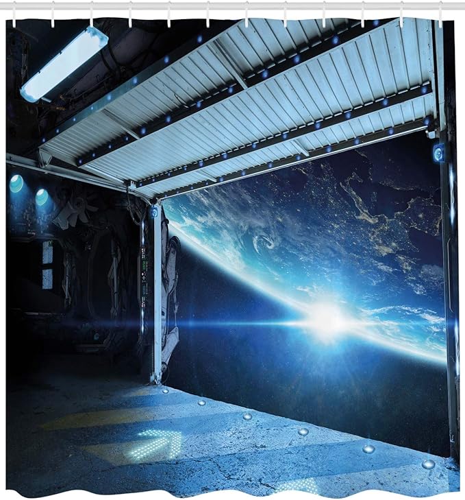Ambesonne Outer Space Shower Curtain, Interstellar Airlock Shuttle Runway Journey to The Stars Invasion View Sci-Fi, Cloth Fabric Bathroom Decor Set with Hooks, 69" W x 84" L, Grey Blue