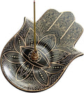 Ceramic Hamsa Hand Incense Holder - 2 in 1 Brass Incense Holder for Sticks and Coil Incense- Zen Decor with Hand of Fatima Design Protection from Evil - 6.2" L X 4.5" W (Black)