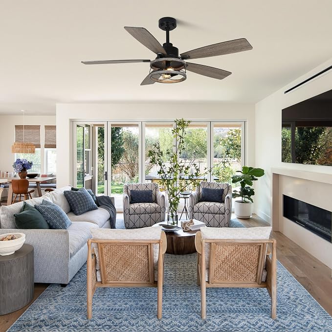 52'' Farmhouse Ceiling Fans with Lights and Remote Control | Reversible DC Motor,5 Double Colour Blades,Rustic Caged Chandelier Ceiling Fan with Light for Living Room,Dining Room,Bedroom
