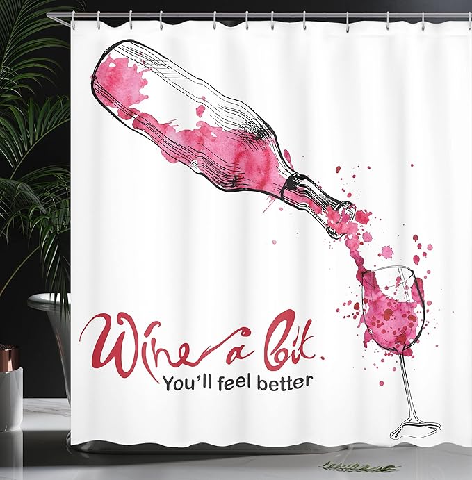 Ambesonne Wine Shower Curtain, Wine a Bit You Feel Better Inspirational Words Bottle Pouring Sketch Art, Cloth Fabric Bathroom Decor Set with Hooks, 69" W x 70" L, Pink Dark Coral Black