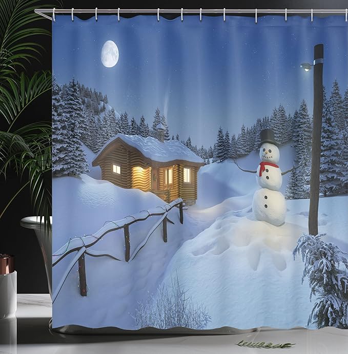 Ambesonne Christmas Shower Curtain, Wooden Rustic Log Cottage Scenery in The Winter Season Warm Moonlight, Cloth Fabric Bathroom Decor Set with Hooks, 69" W x 75" L, Ivory Blue