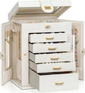 AKOZLIN 6-Tier Jewelry Box Organizer Functional 5 Drawers Leather Jewelry Storage Case for Women Girls Ring Necklace Earring Bracelet Holder Organizer with Mirror White 360° Rotating