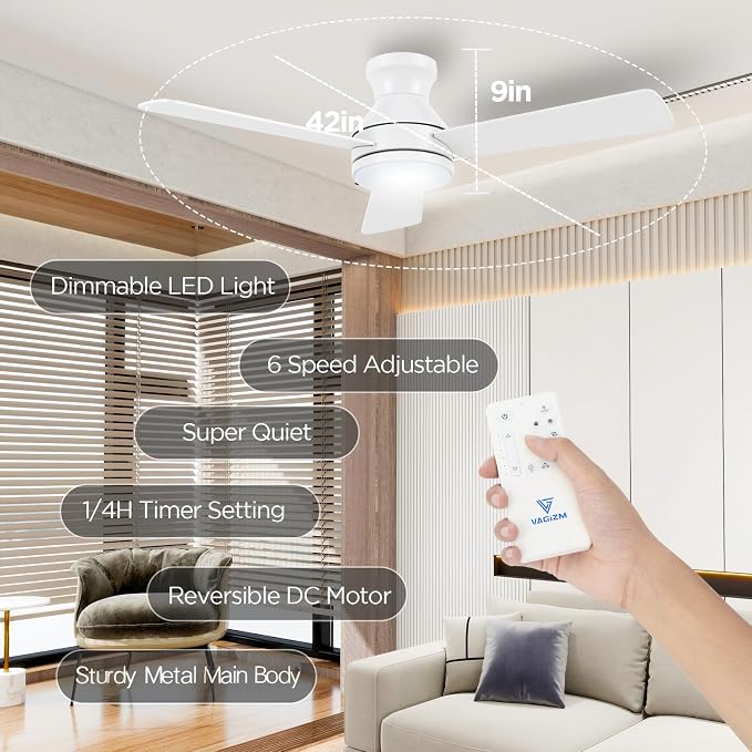 42" Ceiling Fan Flush Mount: Low Profile with Light and Remote - Quiet Reversible DC Motor - Light Memory Function & 3CCT Dimmable for Den Home Office (Matte White)