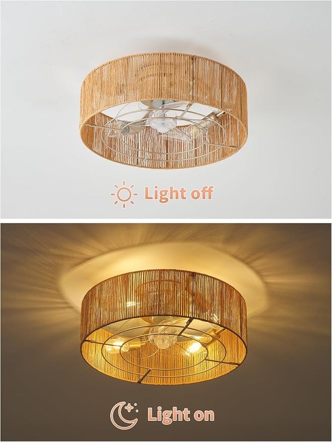 Ceiling Fans with Lights, 20" Boho Ceiling Fan with Light Flush Mount, Rattan Low rofile with 6 Speeds, Remote Control for Bedroom, Nursery, Living Room