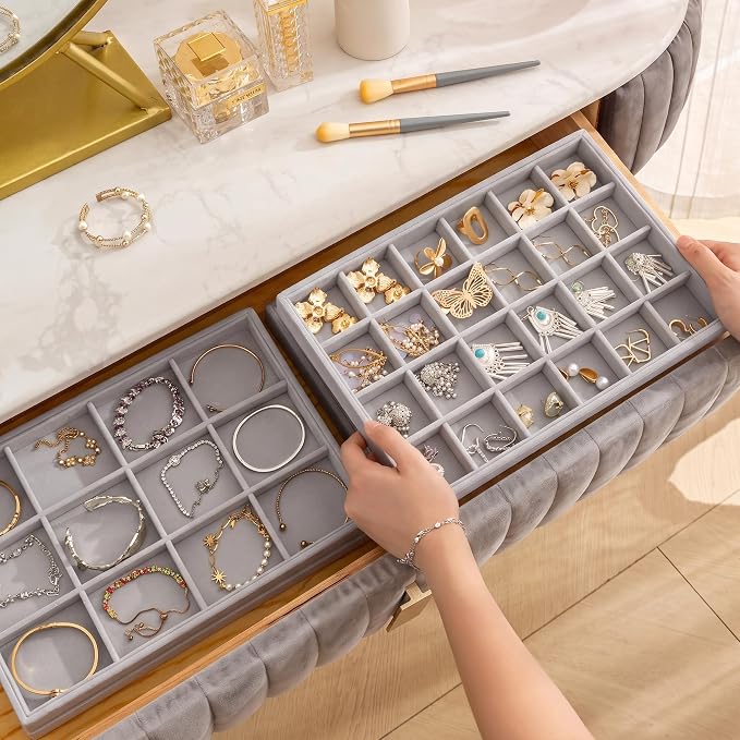 Frebeauty Jewelry Trays for Drawer,Set of 2 Jewelry Organizer and Storage | Velvet Material,Stackable,Adjustable Dividers,Drawer Inserts for Rings Studs Bracelet,Earring Organizer for Women Girls