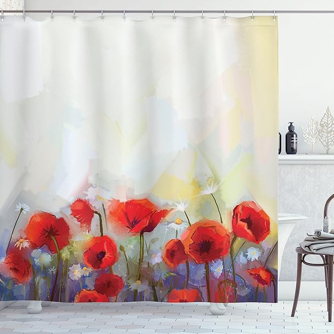 Ambesonne Watercolor Flower Shower Curtain, Poppies in Spring Meadow with Wildflowers Color Painting, Cloth Fabric Bathroom Decor Set with Hooks, 69" W x 70" L, Yellow Scarlet