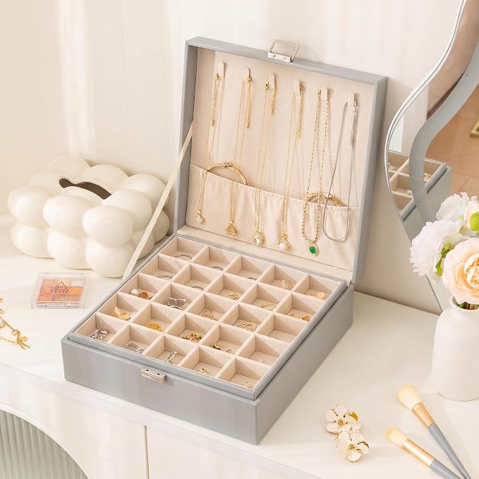 Frebeauty 50 Grid Earring Holder Organizer,2 Layer Jewelry Box for Women | Faux Leather,Velvet Lining,Adjustable Divider,Jewelry Organizer for Ring Necklace and Bracelet,for Home Use and Jewelry Store
