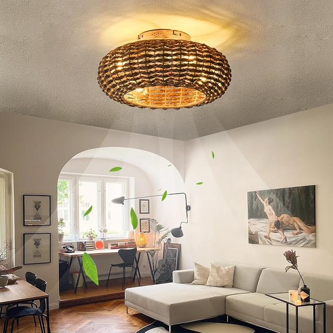 Boho Caged Ceiling Fans with Lights Flush Mount,Low Profile Ceiling Fan with Remote and APP,20 Inch Rattan Fan for Bedroom,6 Speeds Reversible Silent Fandalier (4 LED Bulb Include)…