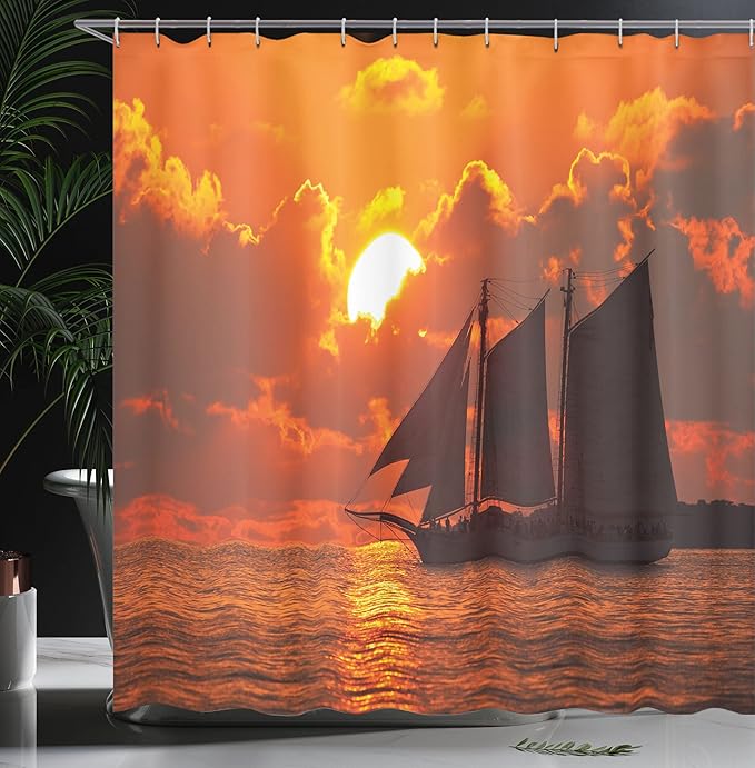 Ambesonne Sailboat Shower Curtain, Boat Sailing in Front of Sunset in Key West FloridSundown Tropical, Cloth Fabric Bathroom Decor Set with Hooks, 69" W x 75" L, Orange Dark Orange