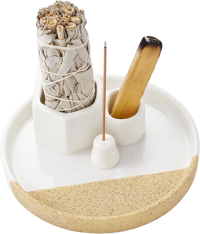 4 in 1 Incense Holder, 5.6" Ceramic Smudge Tray, Sage Holder, Palo Santo Holder, Incense Holder for Sticks, Smudging Burner, Ideal for Smudging Meditation Yoga Room, Simple, Sturdy