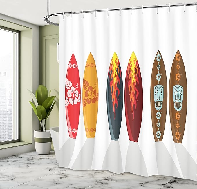 Ambesonne Surfboard Shower Curtain, Colorful Boards Tropical Hawaiian Patterns Active Full of Life Summer Swim Composition, Cloth Fabric Bathroom Decor Set with Hooks, 69" W x 70" L, Burgundy Brown