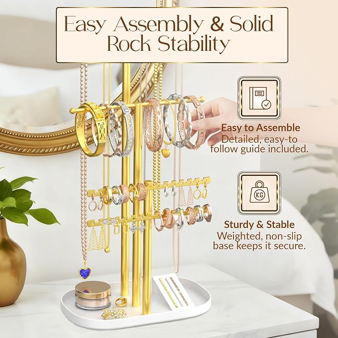 Jewelry Tower Stand Organizer for Women - Elegant Jewelry Holder Display with Necklace Holder, Earring Organizer & Bracelet Rack - Tabletop Jewelry Stand for Dresser, Vanity, Desk