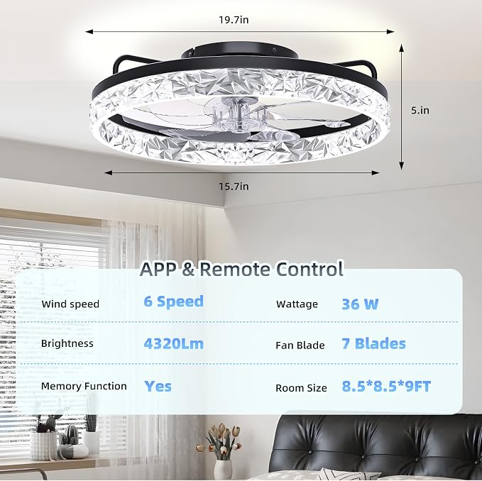 20'' Low Profile Ceiling Fan with Light and Remote, Diamond Black | Flush Mount 7-Blade Fandelier with App Control, 3CCT Dimmable, Reversible DC Motor, 6 Speeds Ceiling Fan for Bedroom