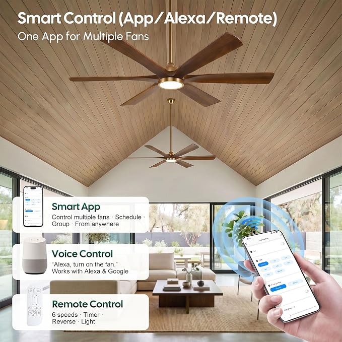 60 Inch Smart Outdoor Ceiling Fan with Lights, Gold Brass Walnut Finish, 6 Solid Wood Blades, Remote/Alexa/App Control, High CFM Quiet DC Motor, Modern Farmhouse Style for Indoor Large Room