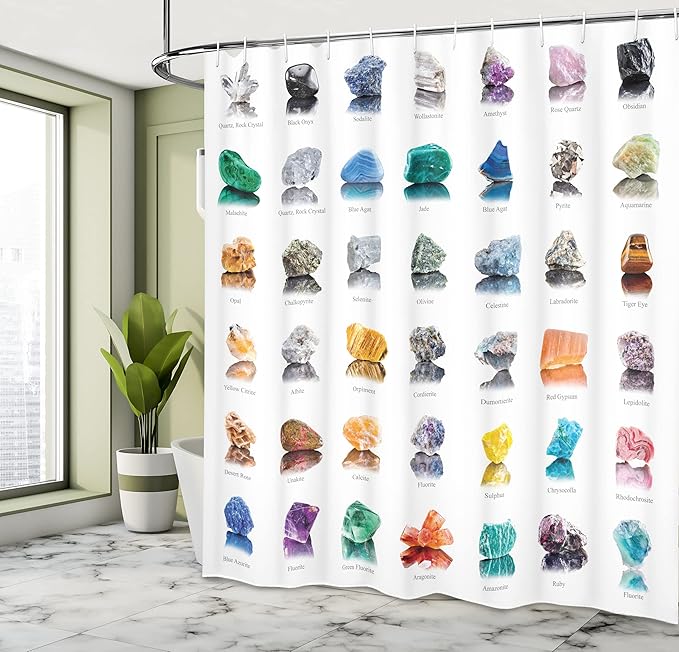 Ambesonne Gemstone Shower Curtain, Composition of Gemstones with Names Tiger Eye Sulphur and Ruby Mineral Geology, Cloth Fabric Bathroom Decor Set with Hooks, 69" W x 70" L, White