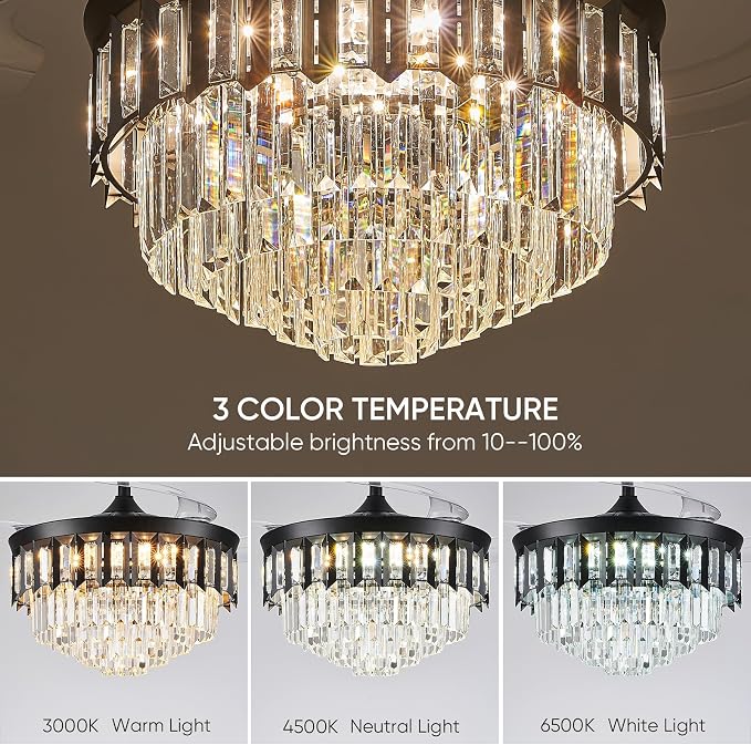 TXCSLY 42" Fandelier Ceiling Fan with Light, Crystal Chandelier Fan with Retractable Blades Dimmable Crystal Ceiling Fan Chandelier for Bedroom Living Room Dining Room-Black