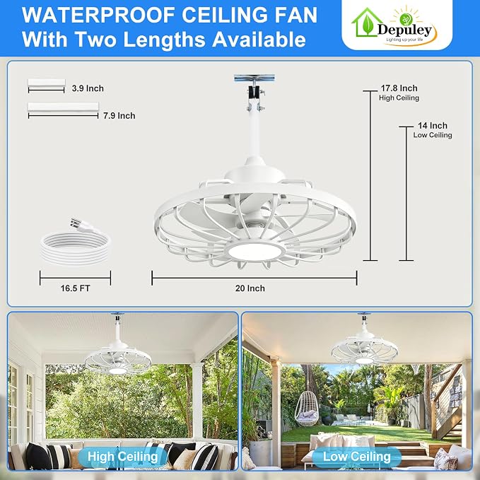 Depuley Gazebo Fans Outdoor Hanging: 20 Inch White Plug In Caged Outdoor Fan with Light and APP Remote Control - Waterproof Ceiling Fan for Patio Porch Pergola Reversible DC Motor