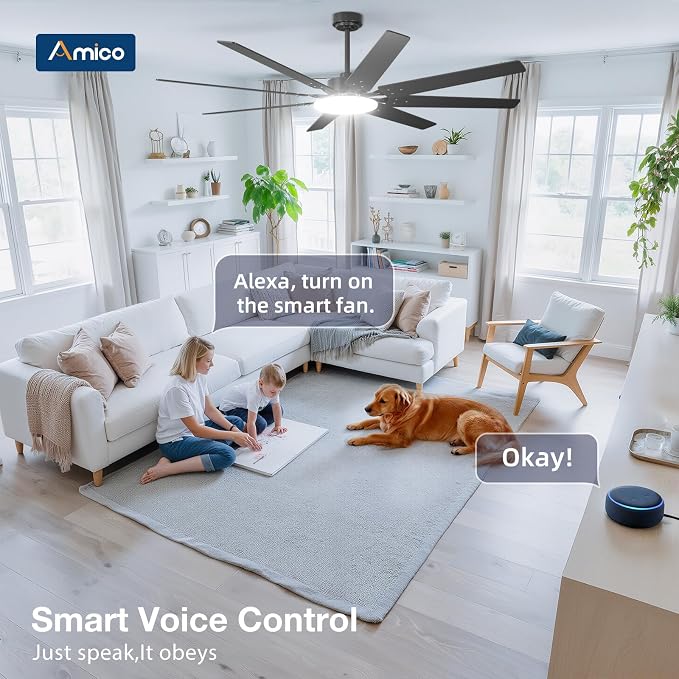 Amico Ceiling Fans with Lights, 72 inch Smart Ceiling Fan Compatible with Alexa/App/Remote Contro,Reversible DC Motor, 6 Speeds, Dimmable 3CCT LED, Quiet Indoor/Outdoor for Living Room, Great Room