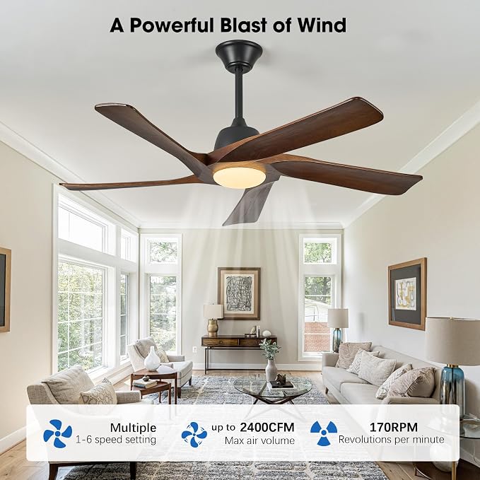 52" DC Ceiling Fan with Light, 5 Solid Wood Blades, Remote and APP Control, 3-color Dimmable, 6-speed Reversible, Quiet Ceiling Fan for Bedroom, Living Room, Dark Walnut