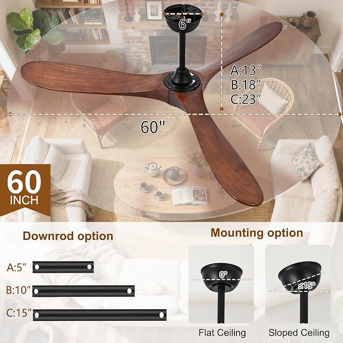 60 Inch Ceiling Fan with Light and Remote, Wood Outdoor Ceiling Fan with Light for Patios Gazebo Living Room Bedroom Modern 3 Blade High CFM Wet Rated Indoor Exterior Fan (Walnut)