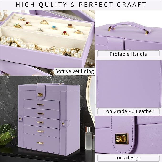 AKOZLIN 6-Tier Jewelry Box Organizer Functional 5 Drawers Leather Jewelry Storage Case for Women Girls Ring Necklace Earring Bracelet Holder Organizer with Mirror Violet Large
