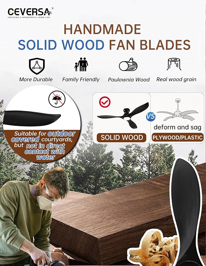 52 Inch Flush Mount Ceiling Fans with Lights and Remote,Black Low Profile Ceiling Fan with Light,3 Blade,Dimmable,Quiet Noiseless DC Motor for Patios,Living Room,Bedroom(Wall Control Switch)