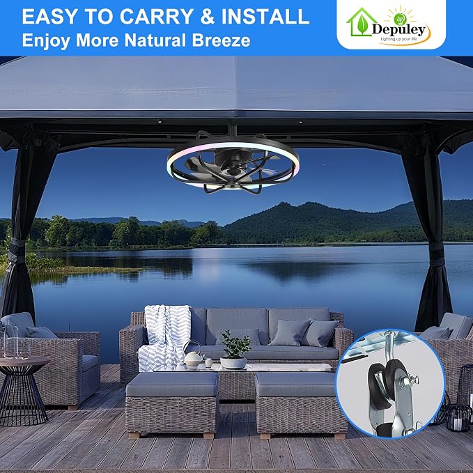 Depuley 20" Outdoor Ceiling Fan with Light: RGB Waterproof Gazebo Hanging Fan with Remote App Control - Dimmable Plug in Caged outdoor Ceiling Fans for patios Porch 6 Speeds