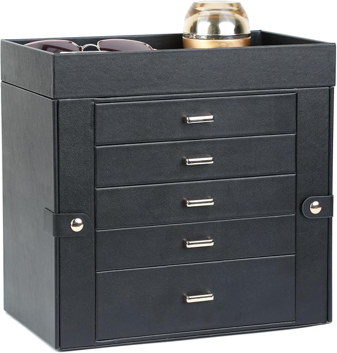 BOOVO Large Jewelry Boxes For Women (Black, 6 Layer) | 6 Layers Jewelry Organizer Box With Cosmetic Storage Drawer, Necklace Ring Jewelry Organizer Box