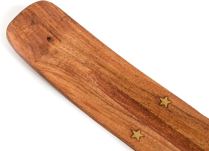 Wooden Incense Holder for Sticks with Inlays of Brass Ying YANG 10 inches Long