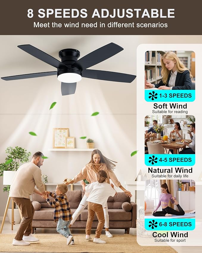 Coolwind 48 Inch Black Flush Mount Ceiling Fan with Display Remote/APP Control, Quiet Low Profile Ceiling Fan with Light, 8 Speeds, Dimmable, 3CCT, Timer, DC Reversible Motor for Bedroom, Living Room